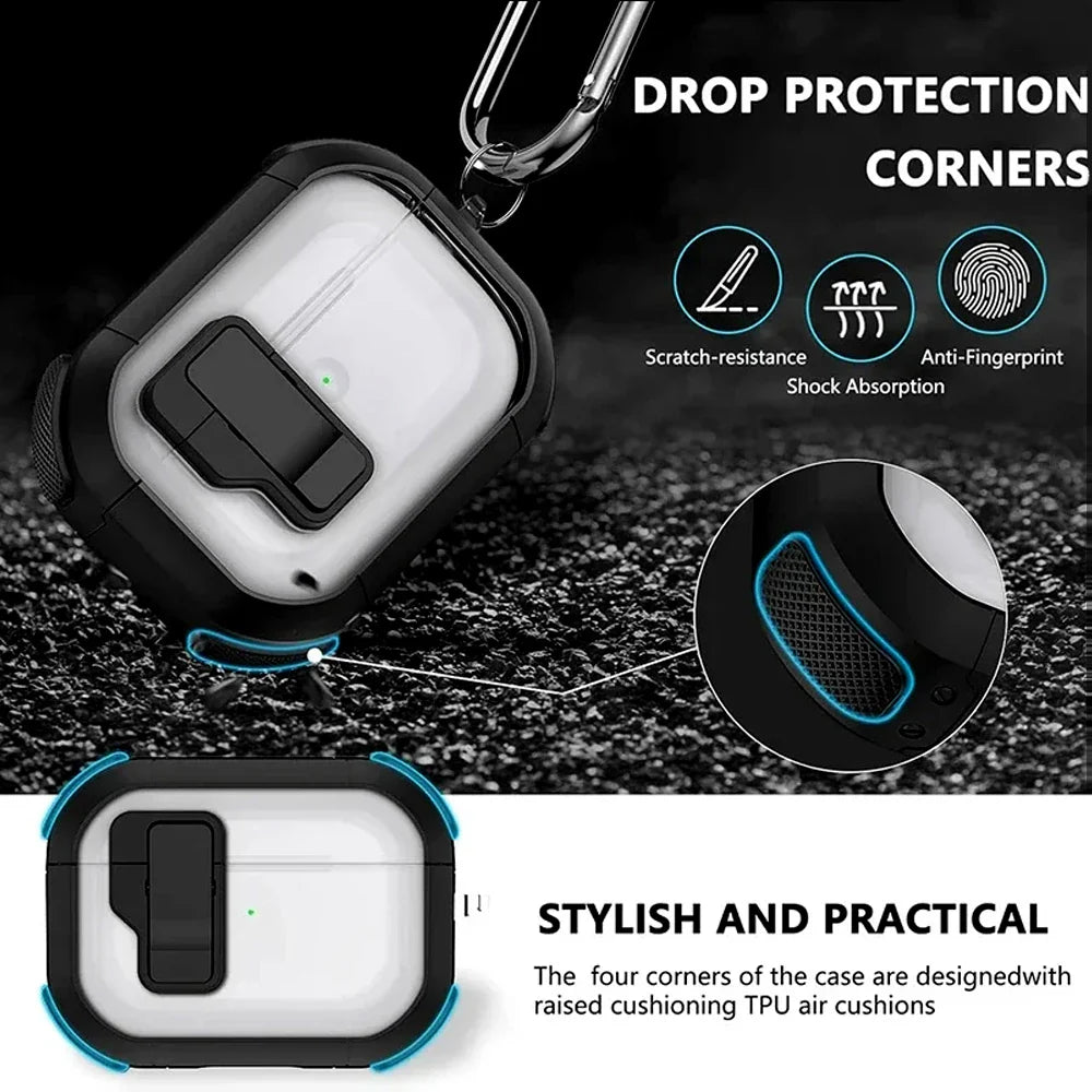 Shockproof Transparent Lock Case for AirPods Pro 2/3/4 – Full Body Protection with Magnetic Keychain & Charging Support