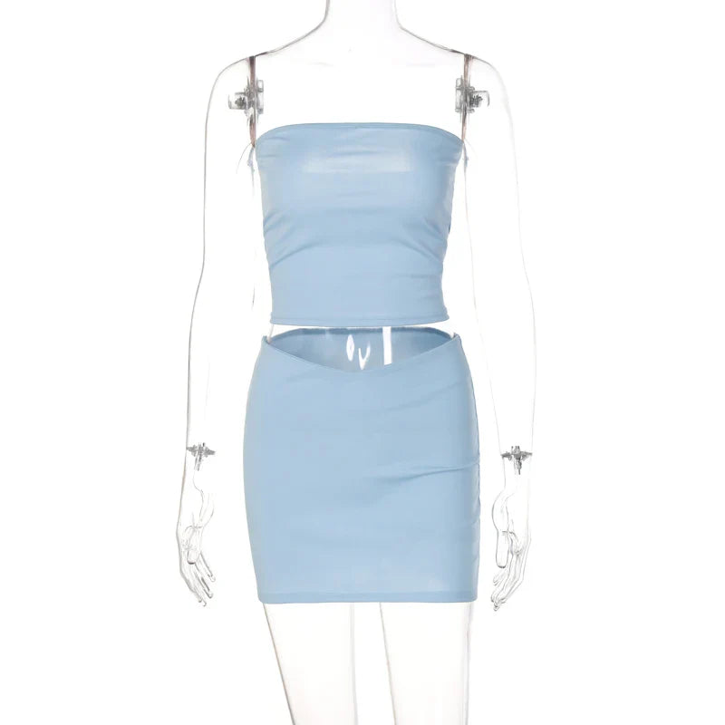Hugcitar Solid Sleeveless Folds Tube Crop Top & Skirt Set – 2 Piece Summer Fashion Streetwear, Beach Clothing