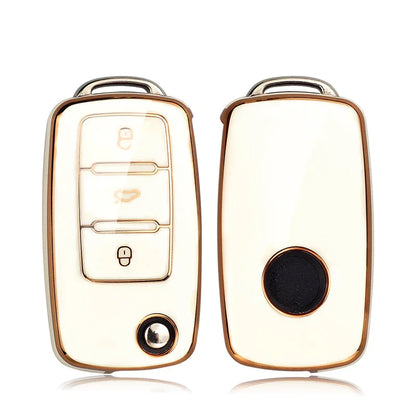 Leather TPU Car Key Case Cover for Volkswagen & Skoda – Fits Polo, Golf, Passat, Tiguan, Beetle, Caddy, T5, Up, Eos, Octavia, Seat Leon, Altea