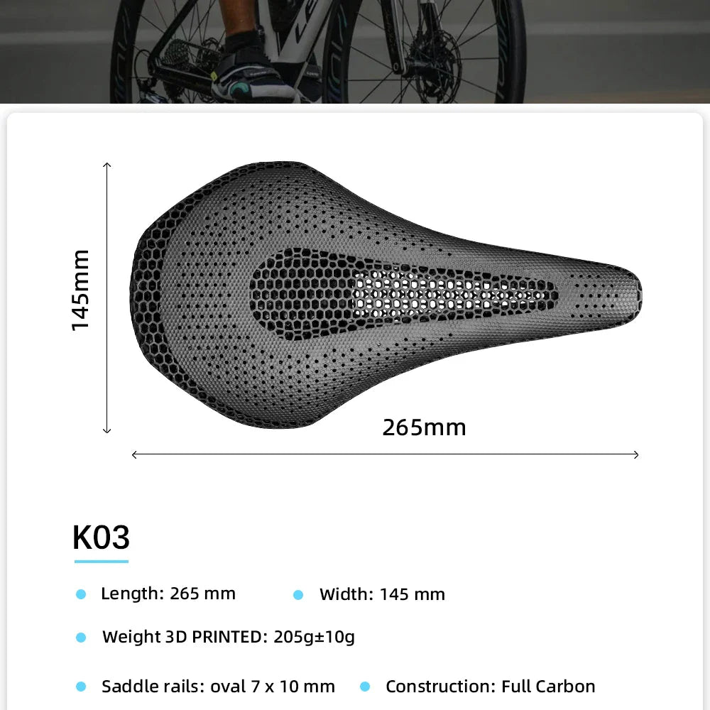 RYET Ultra Full Carbon 3D Printed Bike Saddle — 145mm Lightweight MTB Seat with High Modulus Carbon Fiber Base