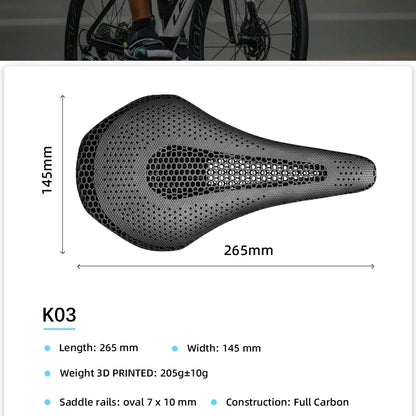 RYET Ultra Full Carbon 3D Printed Bike Saddle — 145mm Lightweight MTB Seat with High Modulus Carbon Fiber Base