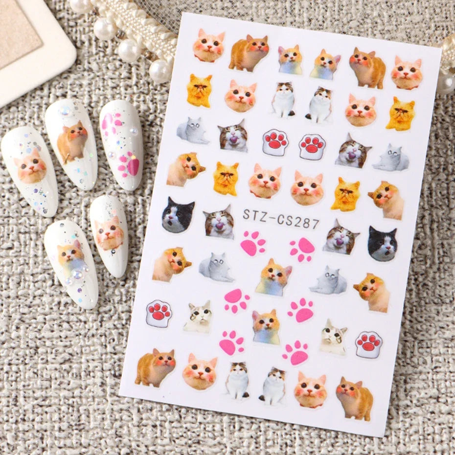 3D Animal Nail Art Stickers - Cute Cartoon Dog, Cat & Bunny Self-Adhesive Decals