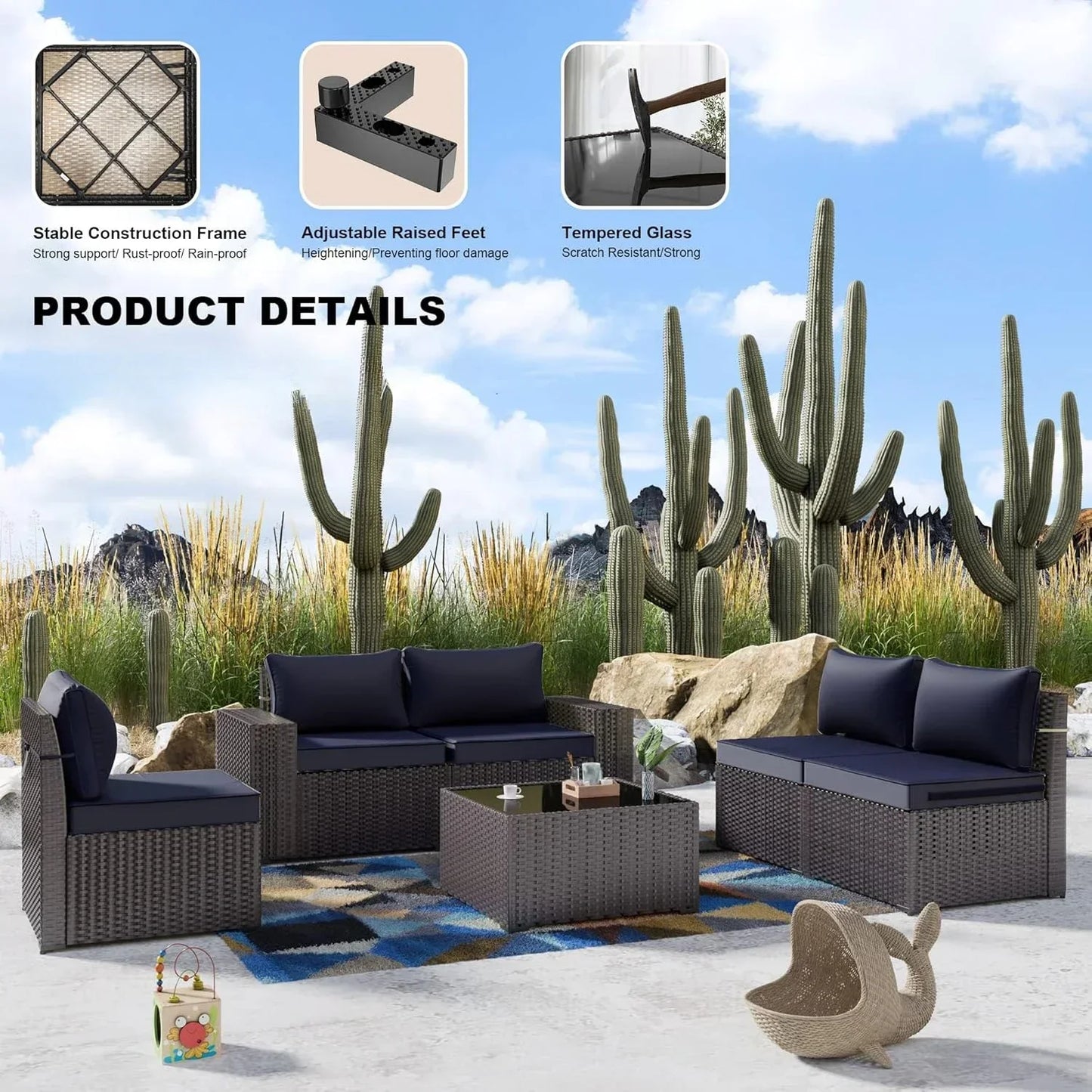 6-Piece Outdoor Patio Furniture Set – PE Wicker Rattan Sectional Sofa with Navy Blue Cushions, Fast Shipping