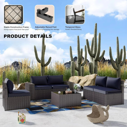 6-Piece Outdoor Patio Furniture Set – PE Wicker Rattan Sectional Sofa with Navy Blue Cushions, Fast Shipping