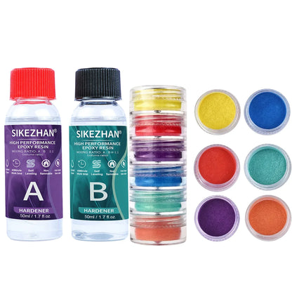 Crystal Clear Epoxy Resin Kit - AB Resin Glue with 6 Color Mica Powder for DIY Jewelry, Nail Art, Soap & Craft Casting