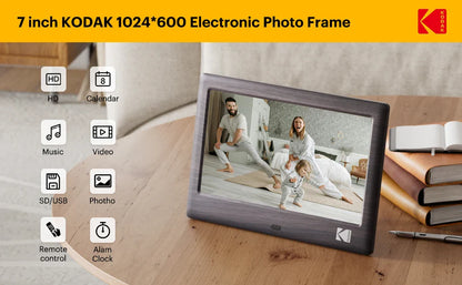 KODAK 7-Inch Digital Photo Frame with Remote – 1024x600 HD Screen, Electronic Album, Video, Music, Clock & Calendar Player