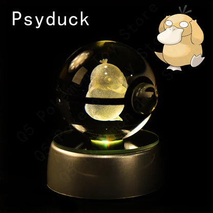 Pokemon 3D Crystal Ball Figurine — Pikachu, Gengar, Mew, Mewtwo Glass Statue with Lamp Base, Kids Birthday Gift