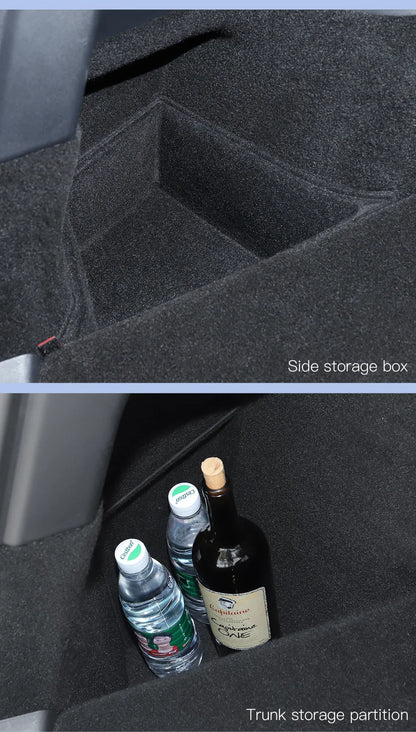 YZ Car Trunk Side Storage Box – Left & Right Organizer for Tesla Model Y Juniper 2021-2025 with Flocking Mat Cover