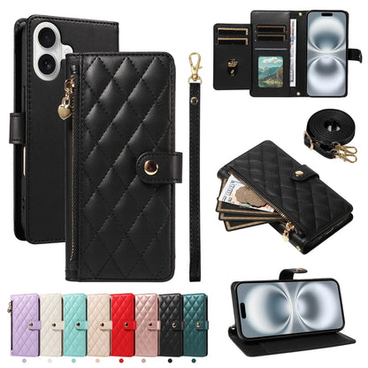 Crossbody Leather Wallet Case for iPhone – Zipper Card Slot Bag with Rhombus Design for iPhone 16/16 Pro Max/15/14/13/12/11/SE 2022