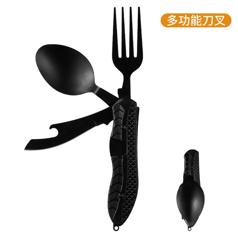 Portable Stainless Steel Camping Cutlery Set – Foldable Spoon, Fork, Knife & Bottle Opener Multitool