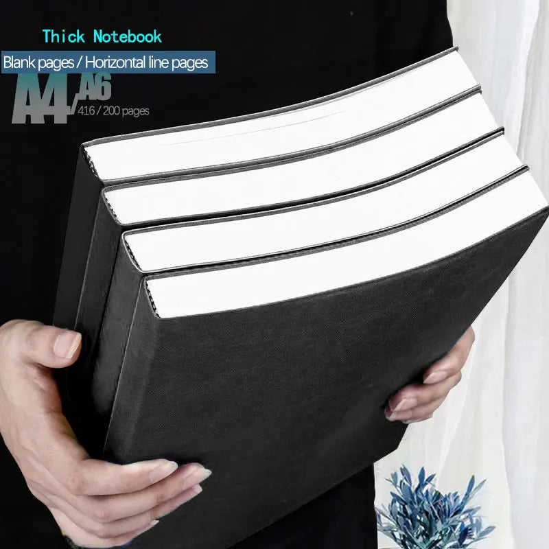 A4/A6 Thickened Leather Notebook – Soft Cover Diary Notepad with Horizontal Lines or Blank Pages, 200/416 Pages