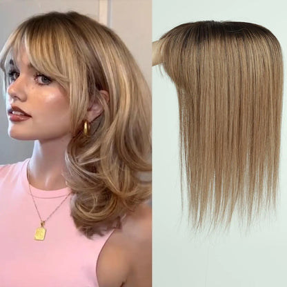 Straight Ombre Brown Remy Human Hair Topper – 100% Silk Base Clip-in Wig with Bangs, Hair Extension for Women
