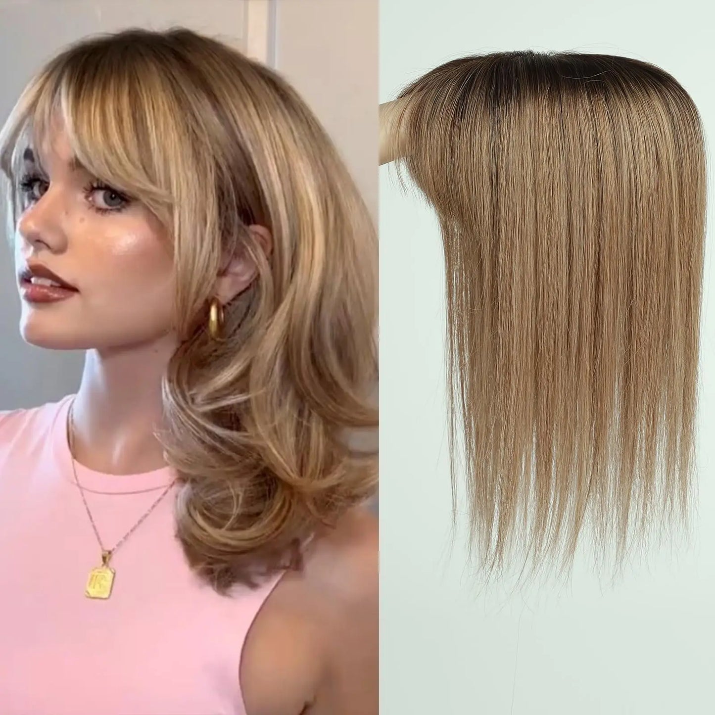 Ombre Brown Blonde Remy Human Hair Topper – 14 Inch Silk Base Clip-In Wig with Bangs for Women