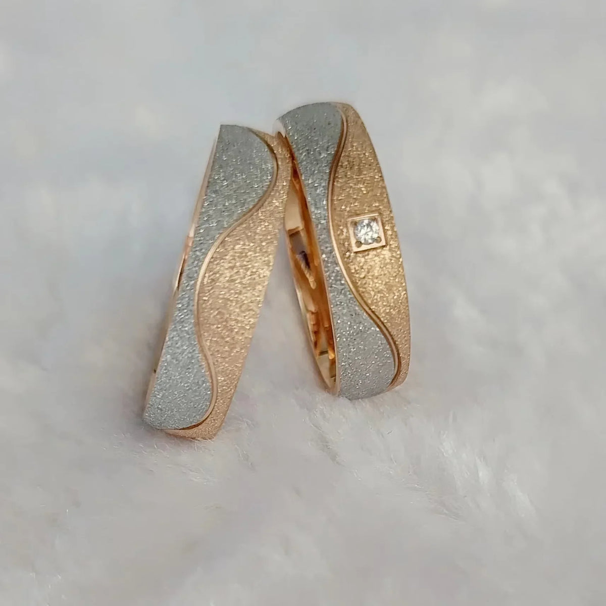 Hammered Couple Wedding Rings - 14K Gold-Plated Titanium Rings for Men & Women