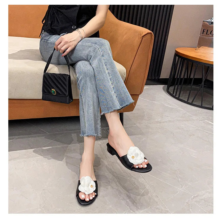 Luxury Women’s Flower Slippers — Camellia Open-Toe Slides for Home & Outdoor, Ladies Flip Flop Sandals