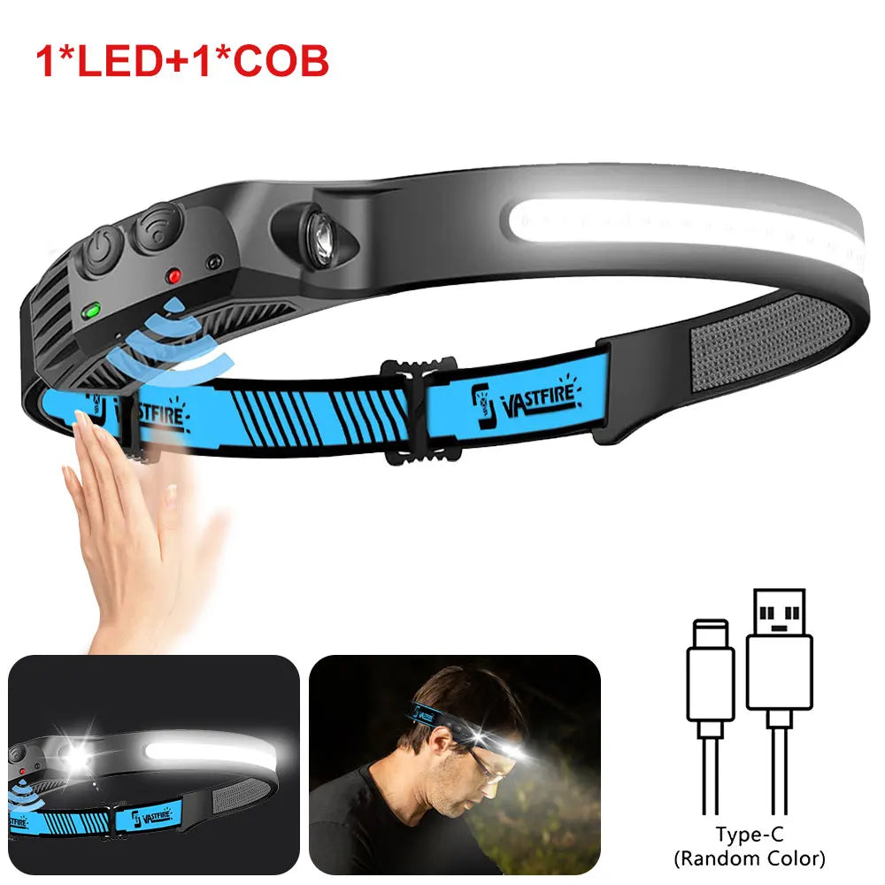LED Sensor Headlamp – Built-in Battery 270° Wide Beam USB Rechargeable Head Flashlight, Ultra Bright Outdoor Headlight for Camping, Fishing & Work Use