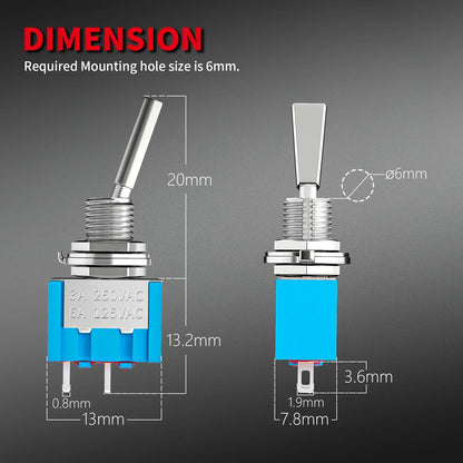 DaierTek 5PCS 2-Pin Mini Toggle Switch – SPST 2-Position ON/OFF Flat Handle Latching Switch for Car & Truck with Solder Terminals