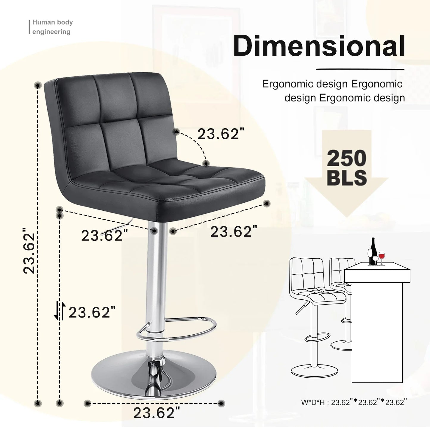 PU Leather Bar Stools Set of 2 – Upholstered Counter Height Stools with Comfortable Backrest, SGS Certified Gas Cylinder