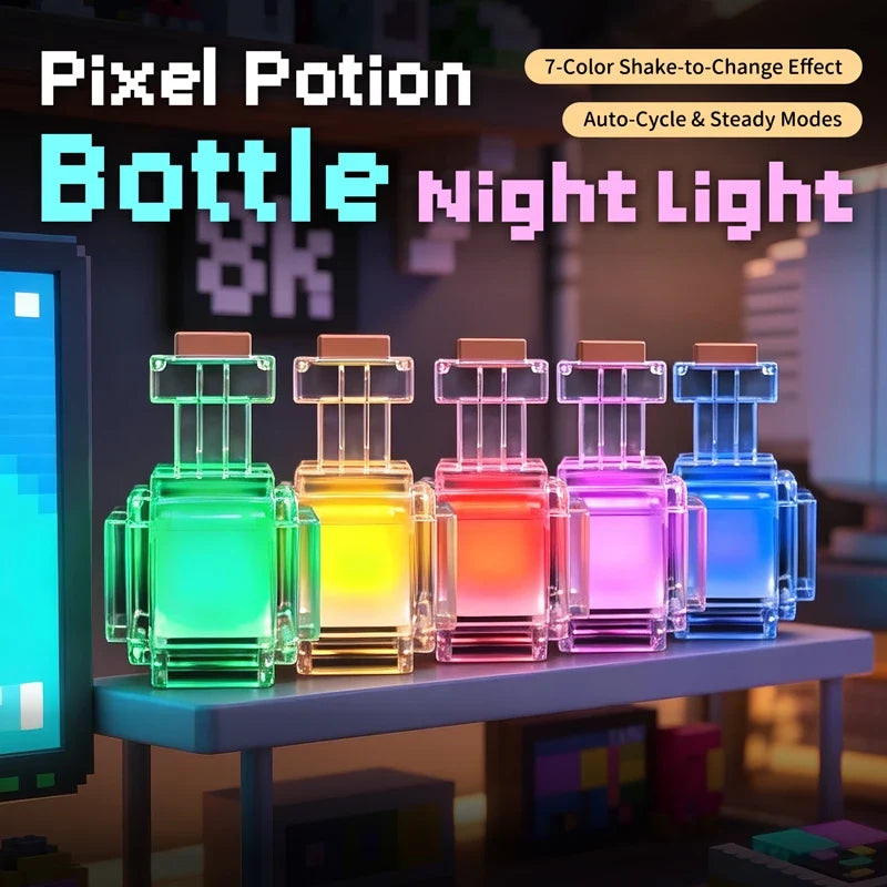 Rechargeable 7-Color Night Light - Mini Liquid Medicine Bottle Pixel Lamp for Bedroom Decor & Kids Gifts