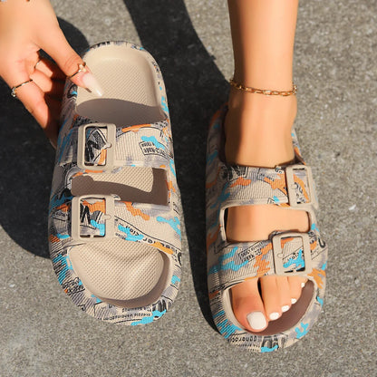 Summer Vacation Women's Slippers – Adjustable Double-Buckle Pillow Platform Sandals for Beach & Travel