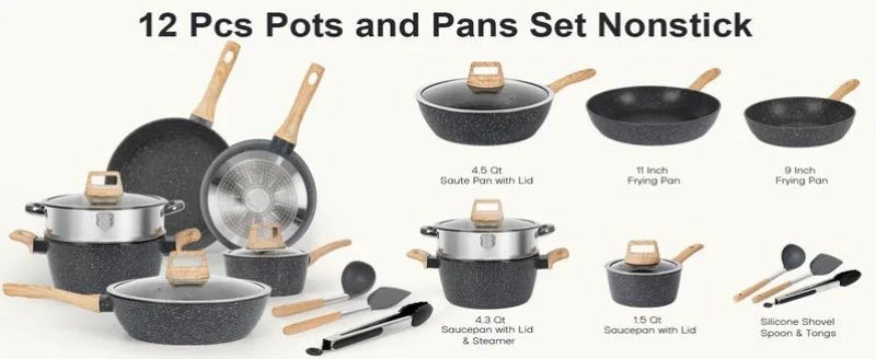 SODAY 12 Piece Granite Nonstick Cookware Set - Induction Compatible Kitchen Pots and Pans