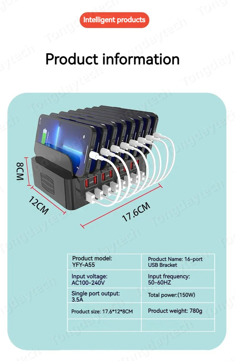 150W Universal Multi USB Fast Charger – 16-Port 3.5A Max Charging Station Stand for iPad, iPhone 14/13, Samsung S22, Xiaomi Tablet