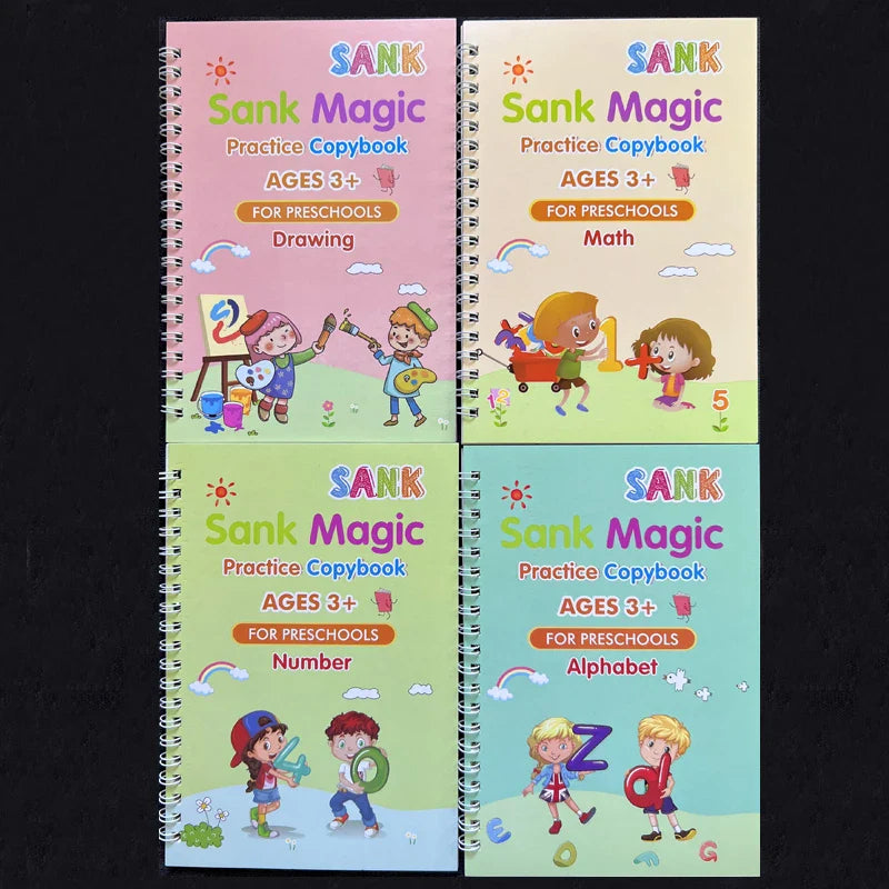 4-Piece Magic Practice Copybook Set with Pen — Reusable English Calligraphy Writing Book for Kids & Preschoolers