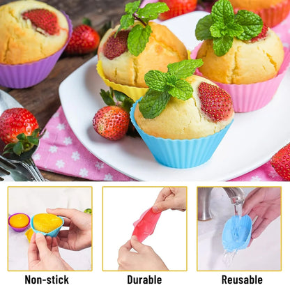 24Pcs Colorful Silicone Cupcake Liners - Reusable Baking Cups for Nonstick, Easy Clean Pastry Muffin Molds - 4 Shapes