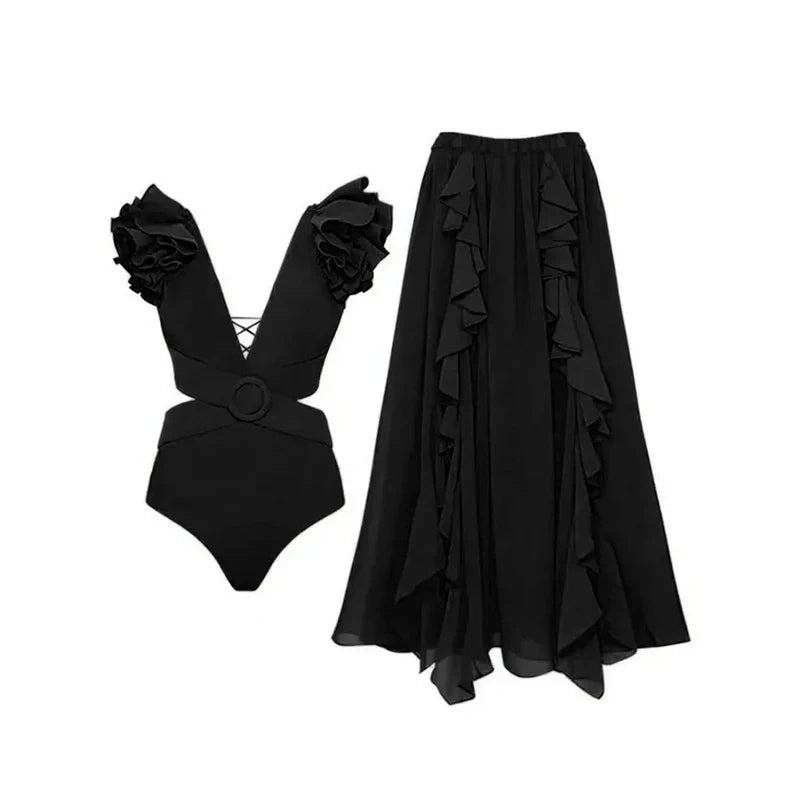 Blue One-Shoulder Ruffle Floral Monokini Swimsuit with Cover Up Sexy One Piece Beach Swimwear for Women Summer