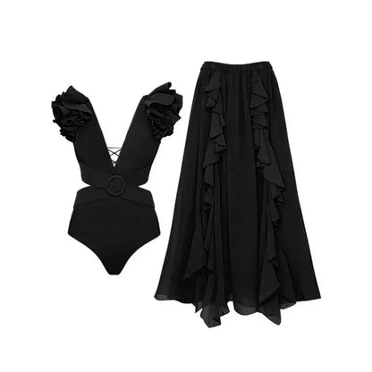 Blue One-Shoulder Ruffle Floral Monokini Swimsuit with Cover Up Sexy One Piece Beach Swimwear for Women Summer