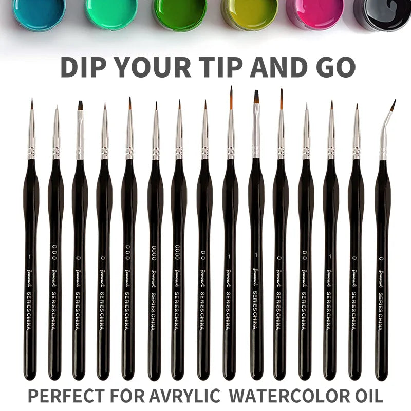 15 Pcs Miniature Painting Brush Set: Nylon Hair Multi-Shape Pen Heads for Gouache, Watercolor, Oil Paint - Artists Hand-Painted Brushes