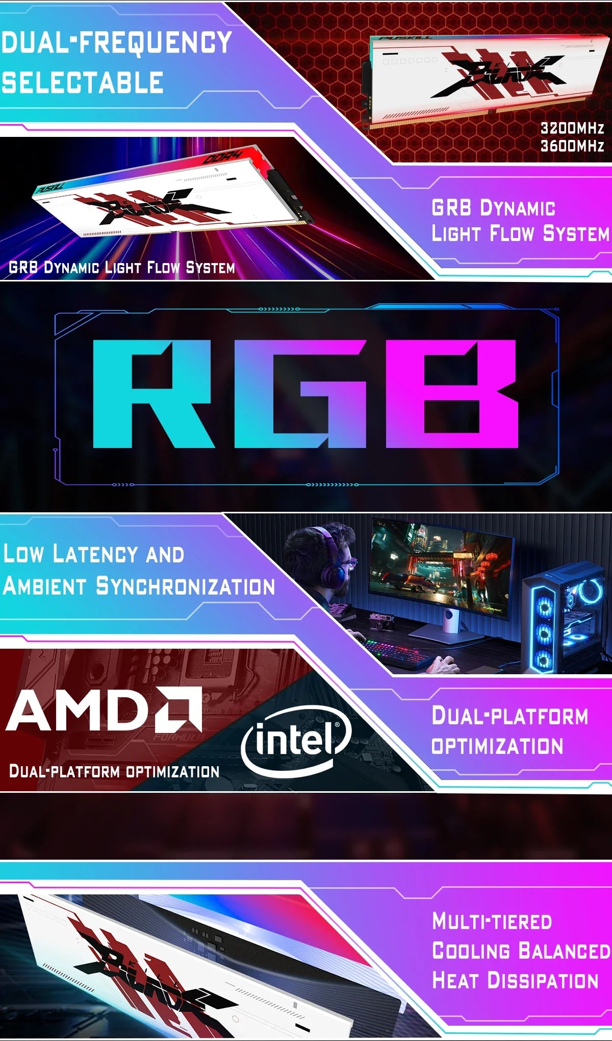 PUSKILL RGB DDR4 Gaming RAM – 8GB/16GB 3200MHz-3600MHz DIMM Desktop Memory