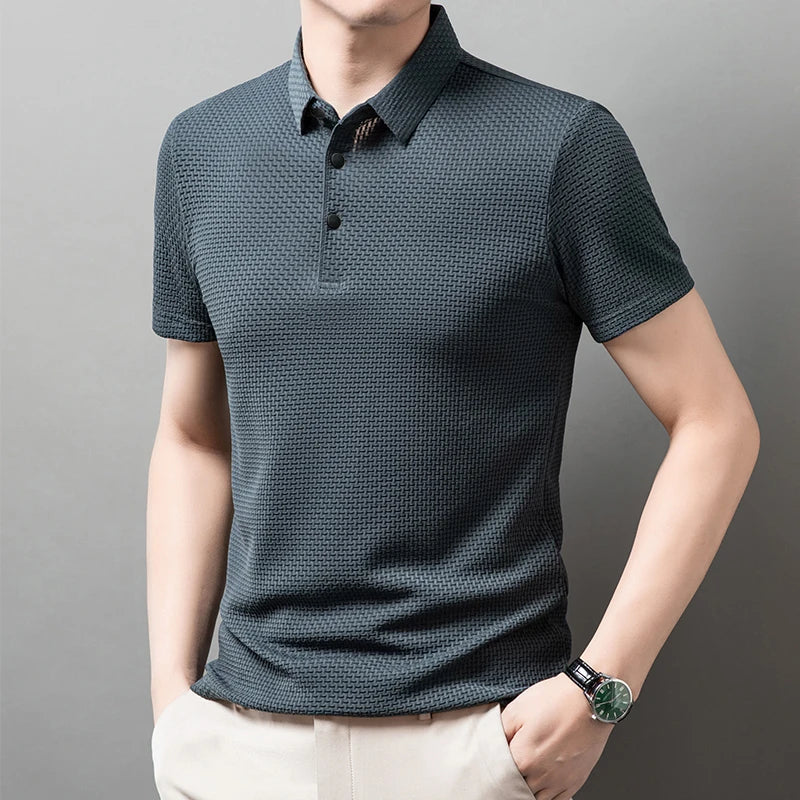Men’s Business Casual Short Sleeve Polo — Solid Color Floral Summer Shirt, Breathable & Comfortable