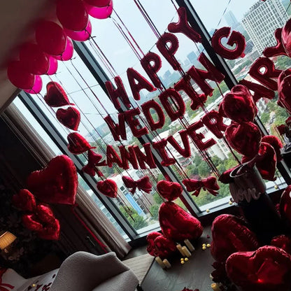 Red Birthday Balloon Set - Heart Foil Balloons with Bow & Simulated Rose Petals for Valentine’s Day Party Decor