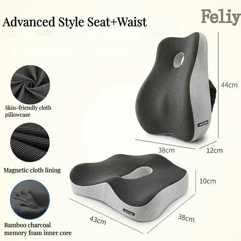 Memory Foam Office Chair & Car Seat Cushion – Orthopedic Lumbar Support Pillow with Coccyx Relief & Massage Back Pad