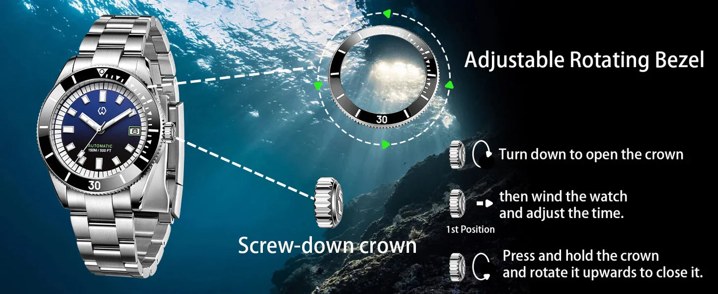 Men’s Automatic Mechanical Watch – Super Luminous Bezel, Japan NH35 Movement, 150M Waterproof Diving Watch