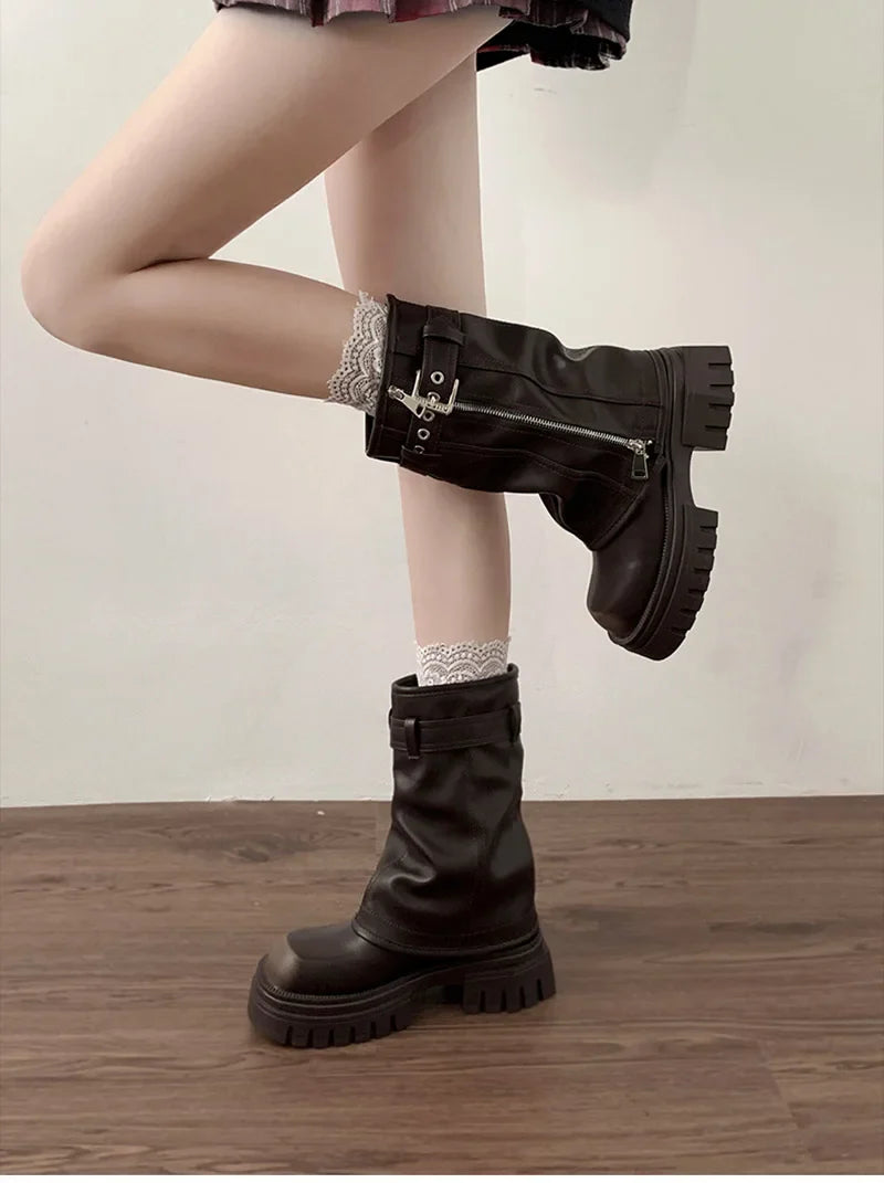 Women’s Winter Biker Boots – Fashion Belt Buckle Platform Short Booties, Casual Knight-Style Flats