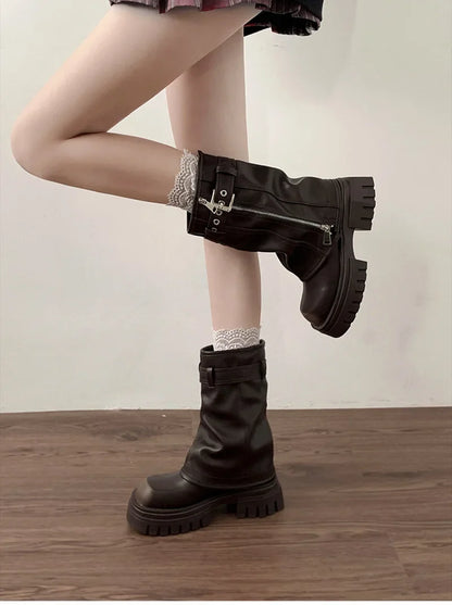 Women’s Winter Biker Boots – Fashion Belt Buckle Platform Short Booties, Casual Knight-Style Flats