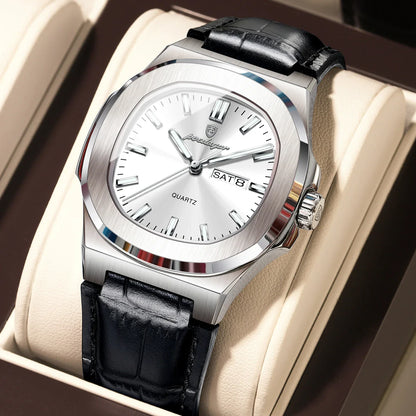 POEDAGAR Luxury Men’s Square Quartz Watch – Luminous Waterproof Leather Strap with Week Calendar