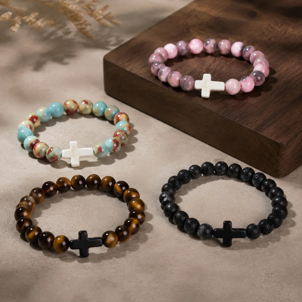 Natural Stone & Wood Bead Rosary Bracelet - Hematite Cross Meditation & Yoga Jewelry for Men & Women