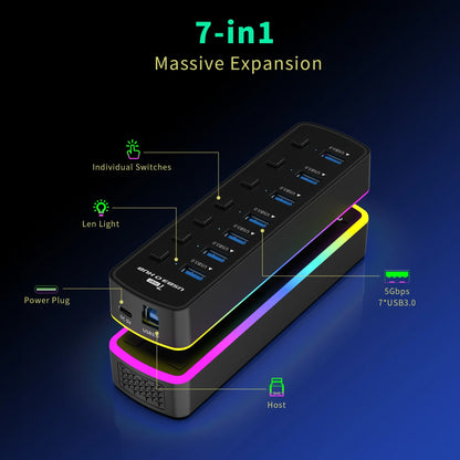 RGB 7-Port USB 3.0 Hub – 5Gbps Data Splitter with Individual On/Off Switch for Laptop & PC Gaming