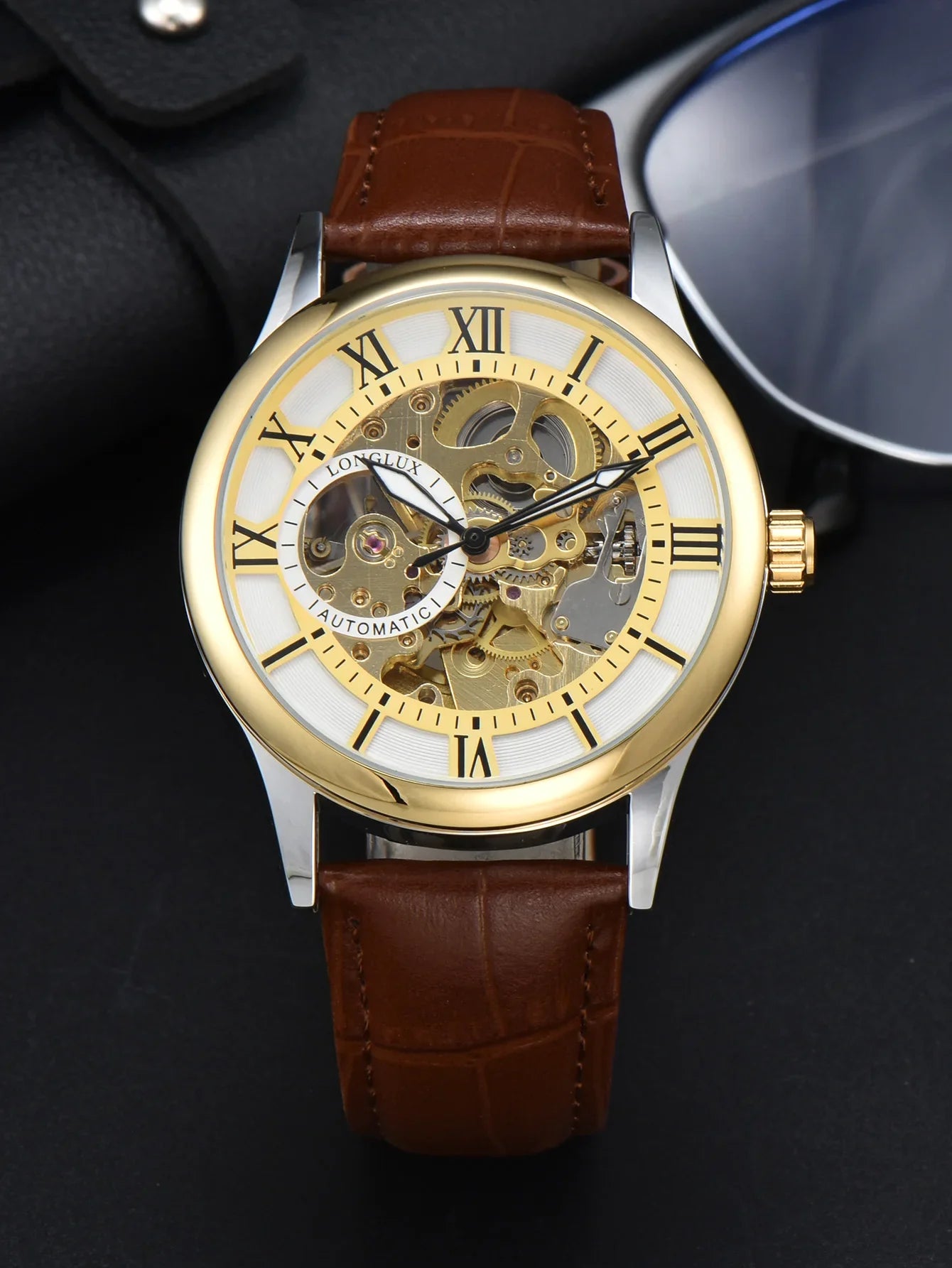 LONGLUX Rome Automatic Mechanical Waterproof Men’s Watch – Hollow Dial Leather Wristwatch Gift