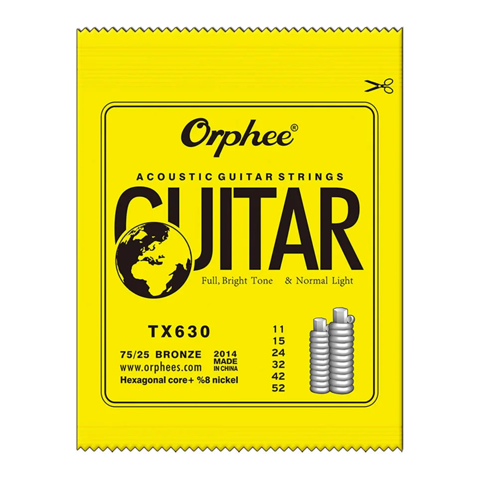 Orphee Acoustic Guitar Strings – 6Pcs/Set, Hexagonal Core, Full Bright Tone, TX620/TX630/TX640, Folk Guitar Accessories