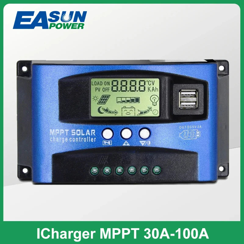 MPPT Solar Charge Controller — 30A-100A Dual USB LCD Regulator for 12V/24V Solar Panels with Load Control