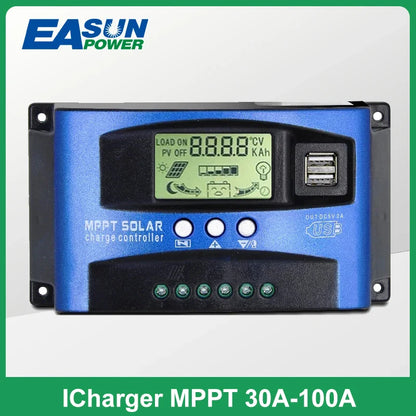 MPPT Solar Charge Controller — 30A-100A Dual USB LCD Regulator for 12V/24V Solar Panels with Load Control
