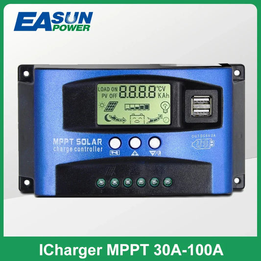 MPPT Solar Charge Controller — 30A-100A Dual USB LCD Regulator for 12V/24V Solar Panels with Load Control