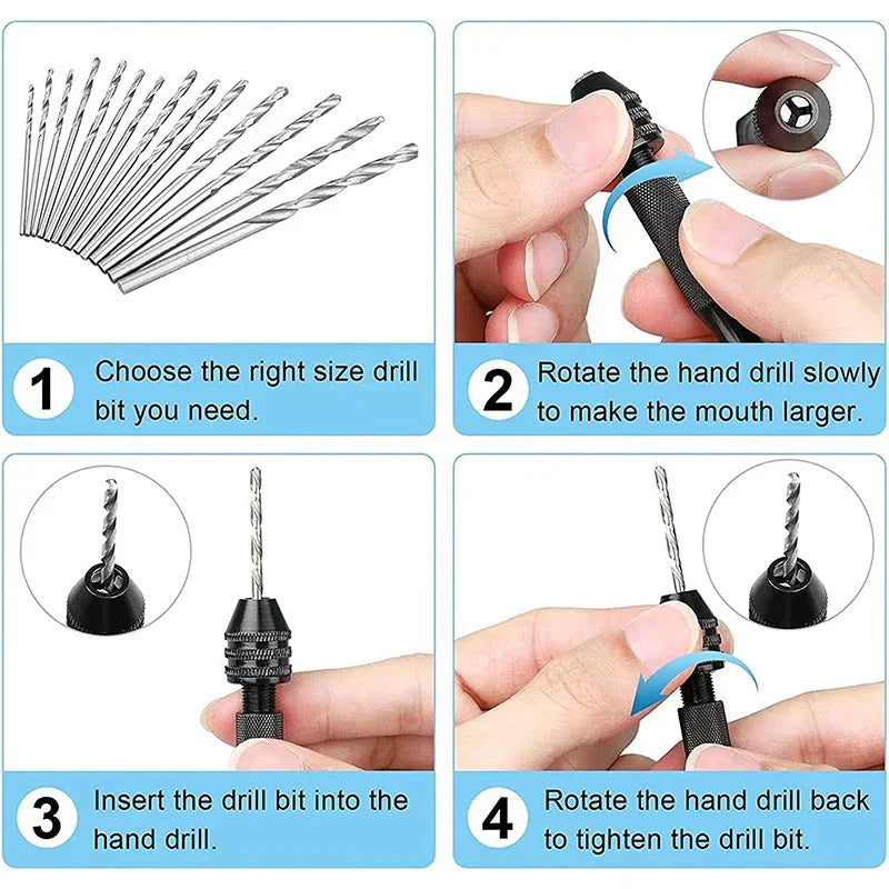 Mini Aluminum Hand Drill 0.3–3.4mm – Keyless Chuck Micro Rotary Tool with HSS Twist Drill Bit Set for Wood & DIY Crafts