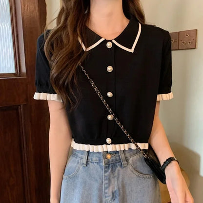 Women’s Summer Knitted Blouse — Chic Retro Slim Short Sleeve Crop Top, All-Match Style