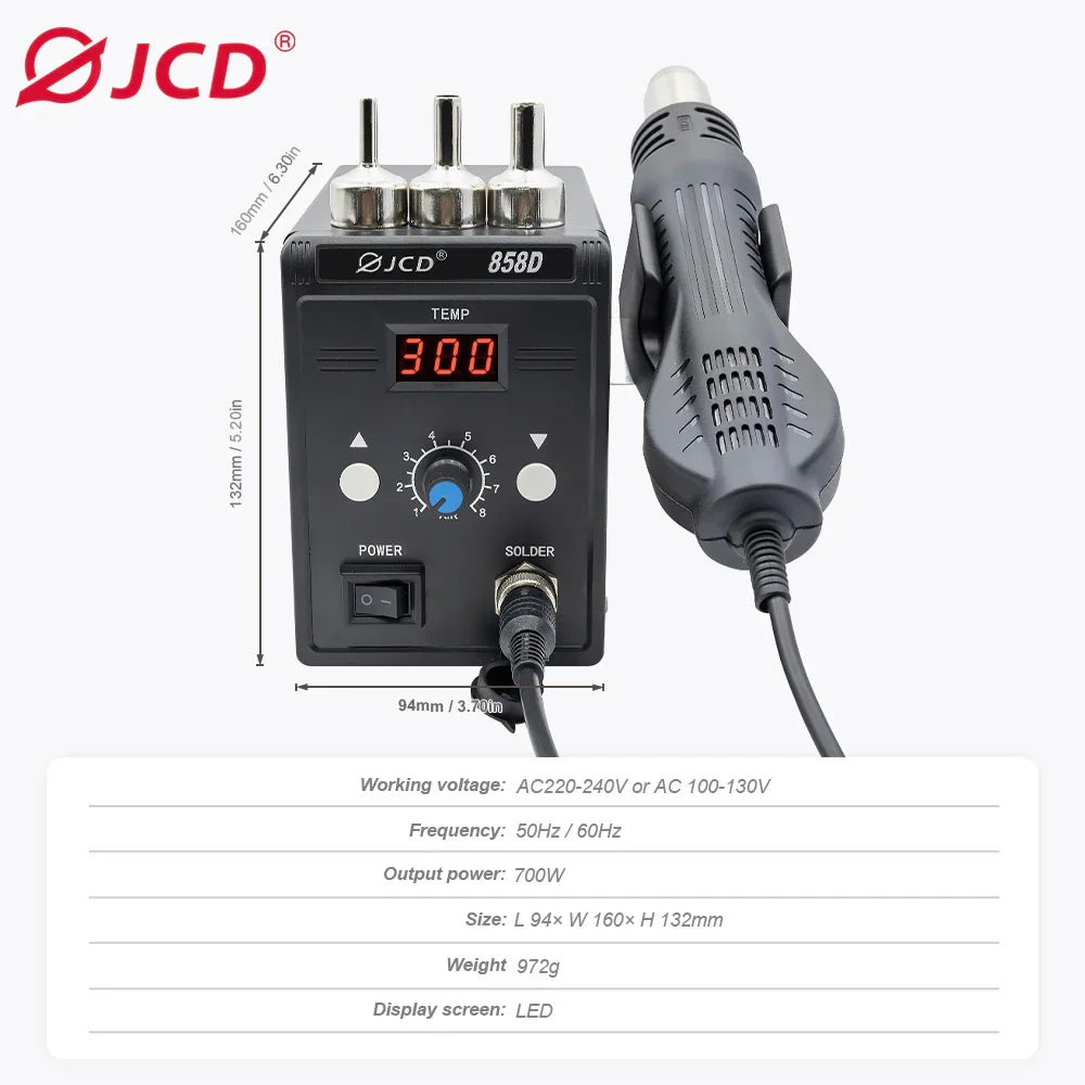 JCD Hot Air Gun 858D – 700W BGA Rework Solder Station, SMD SMT Welding Heat Gun, 220V/110V Repair Tool