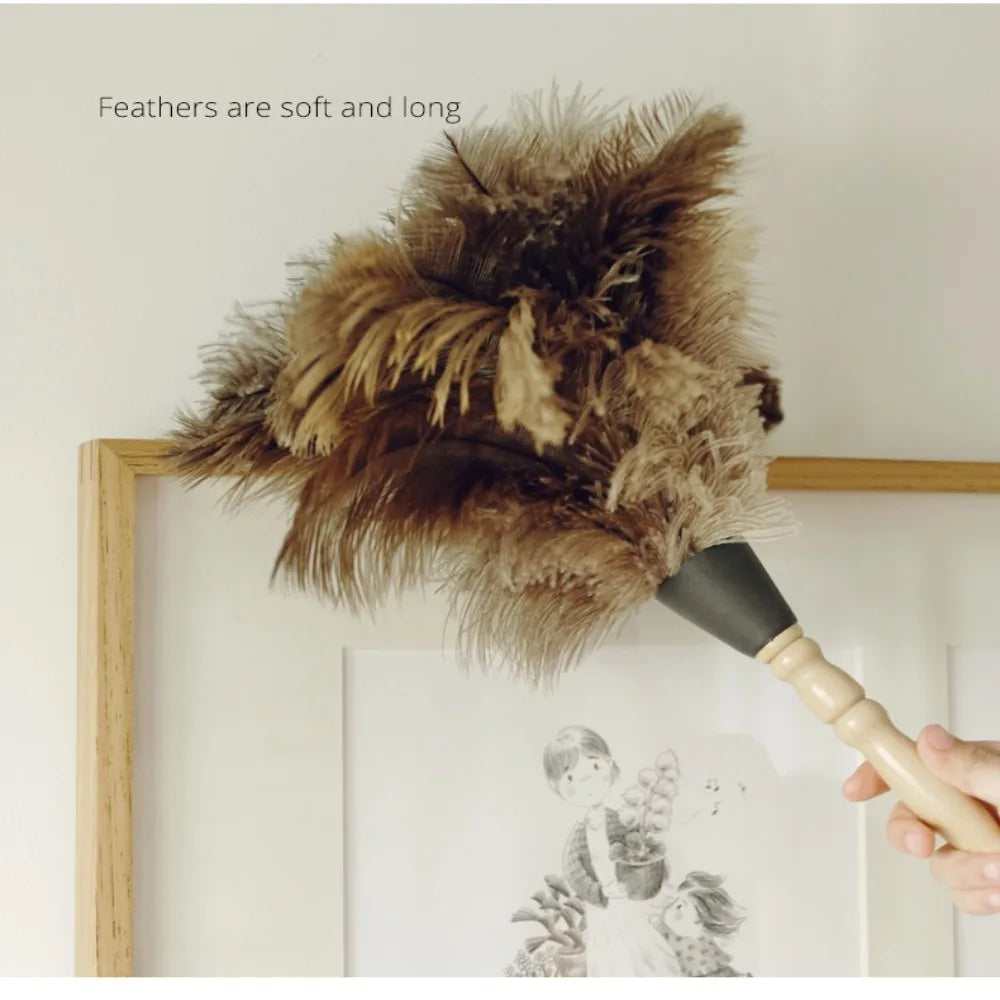 Ostrich Feather Dusting Brush – Wooden Handle Anti-Static Household & Car Cleaning Duster Tool
